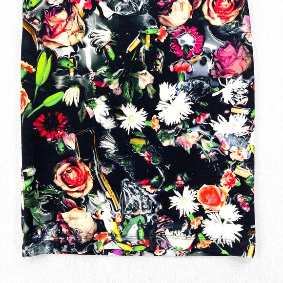 MCQ ALEXANDER MCQUEEN Floral Printed Pencil Skirt Womens XS Black Stretch Knit - Picture 6 of 14